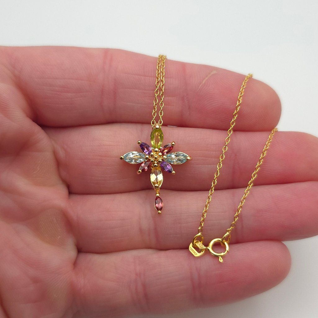 18 Inch Gold Over Sterling Silver Precious Gems Cross Necklace A350